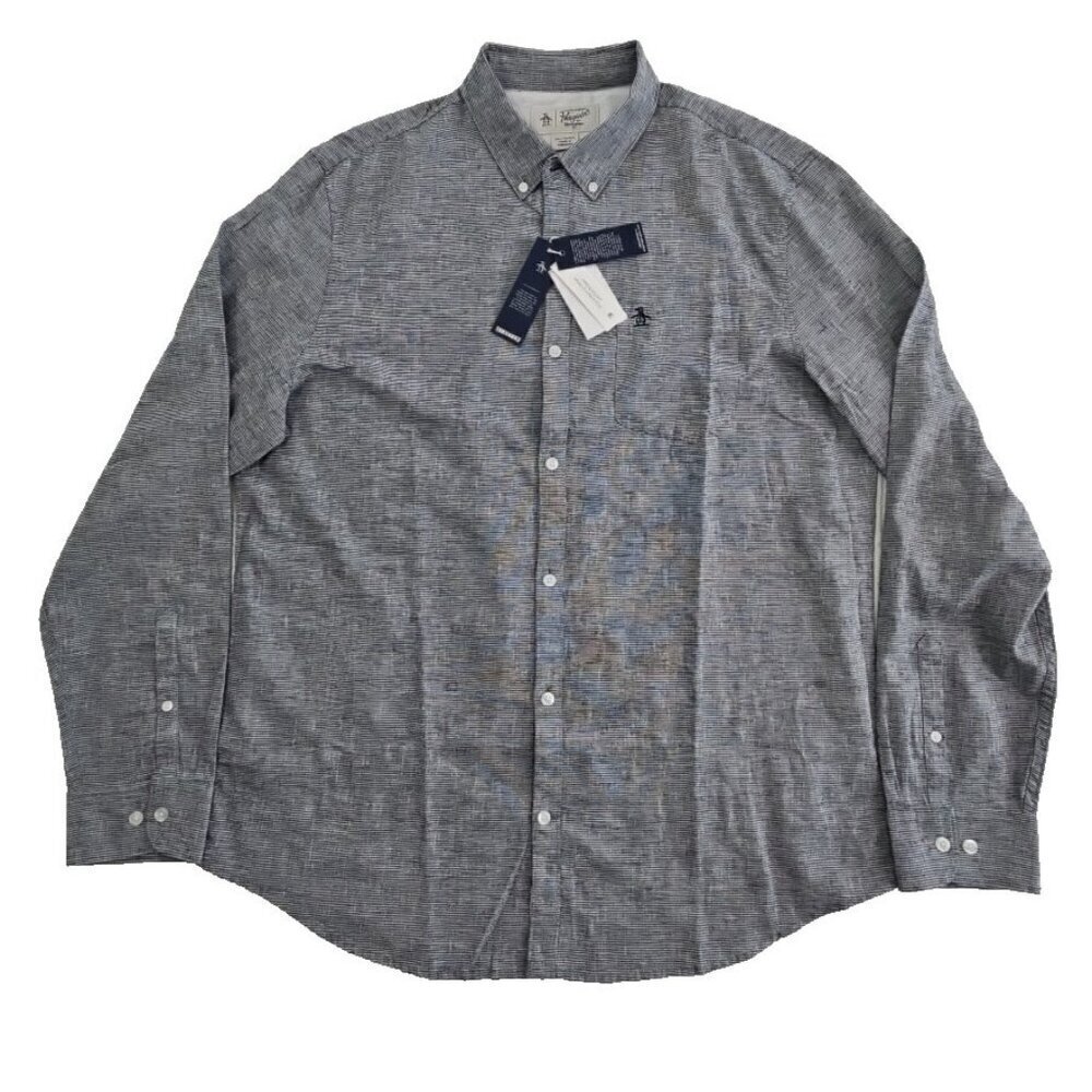 Penguin Stretch Linen Blend Shirt Men's XL Black Long Sleeve Button Down NWT NEW